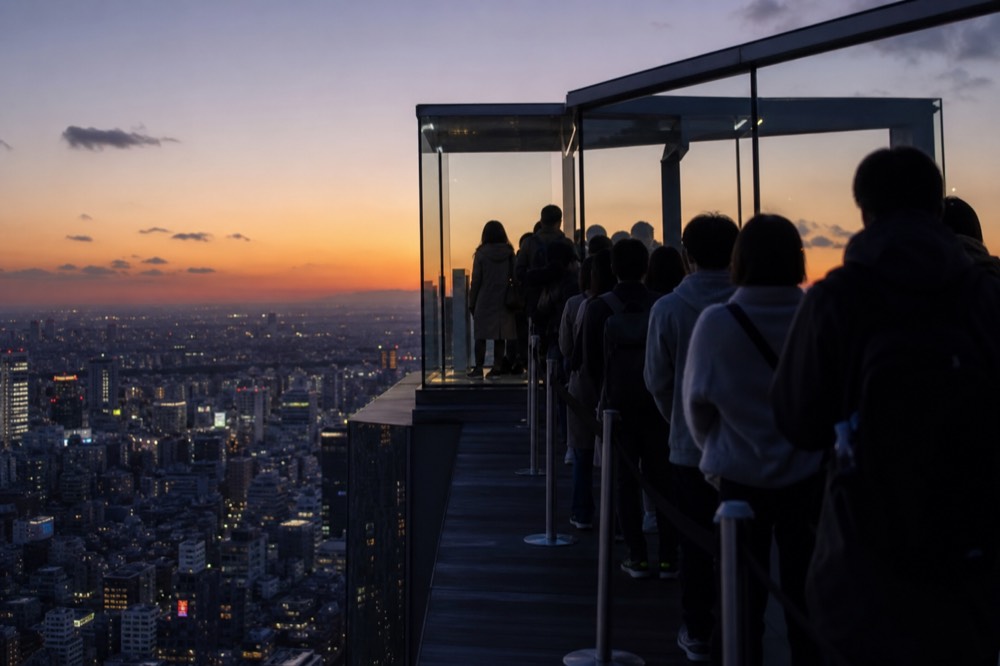 Line of visitors waiting their turn at a glass corner viewing platform on a rooftop while the sky glows orange behind them