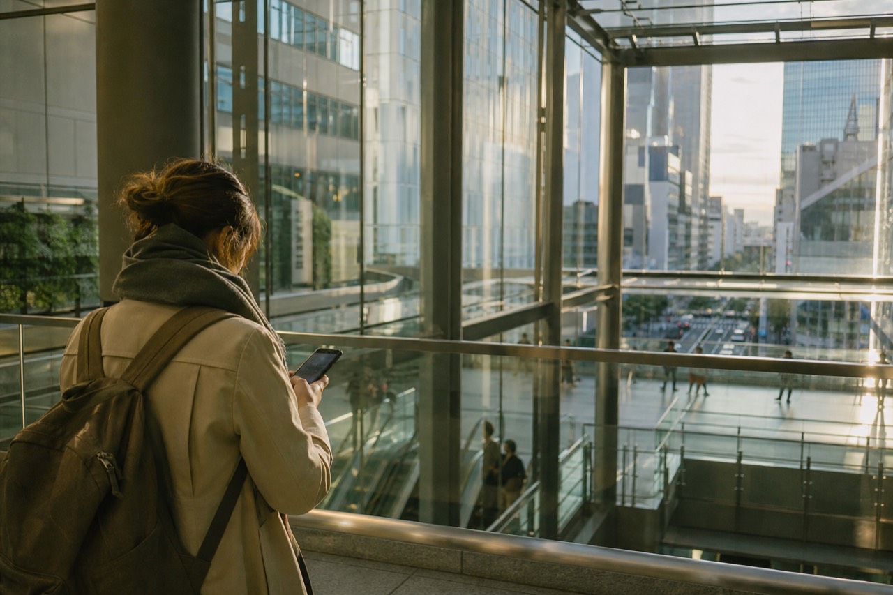 Traveller checking a phone booking screen on a bright upper shopping floor in Tokyo with escalators and glass walls behind