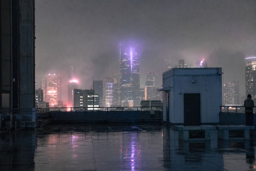 Wet empty rooftop deck under low grey cloud with closed doors and the surrounding towers half hidden in mist