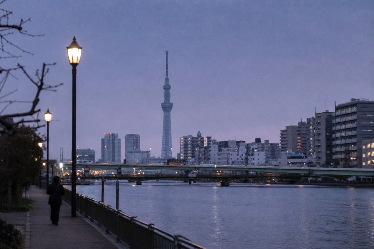 Tall white broadcasting tower rising above low Tokyo rooftops on a clear afternoon, seen from street level across a river
