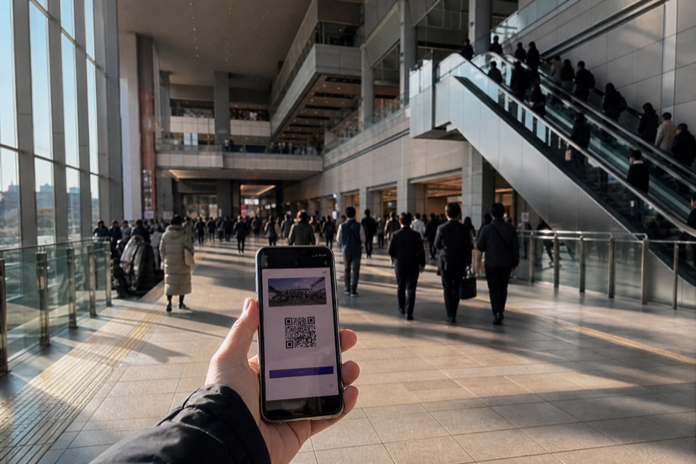 Traveller holding a phone showing a timed entry booking while standing on a busy Tokyo shopping floor beside a bank of escalators
