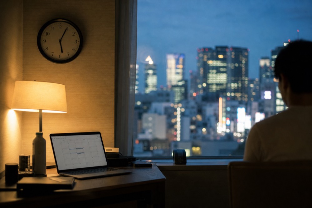Wall clock and a laptop open to a calendar on a hotel desk at night, city lights blurred through the window behind
