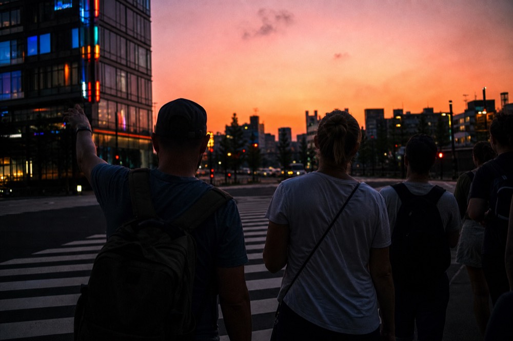 Small group of travellers following a guide across a wide Tokyo intersection at dusk with neon signage on the buildings behind