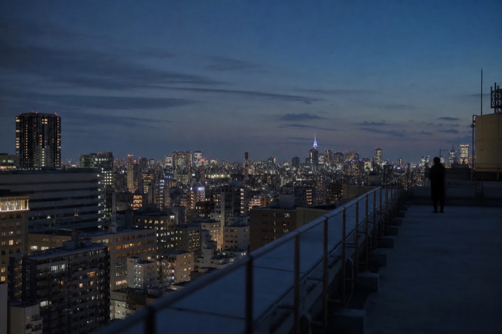 Deep blue twilight sky over a dense lit cityscape photographed from a high open rooftop with distant tower lights
