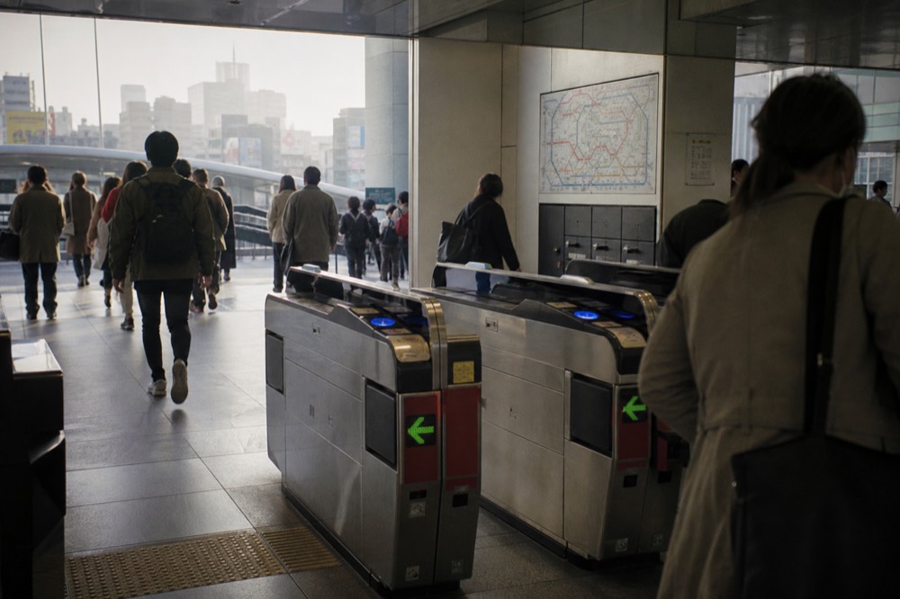 Commuters moving through a bright Tokyo subway concourse with ticket gates and route maps on the wall behind