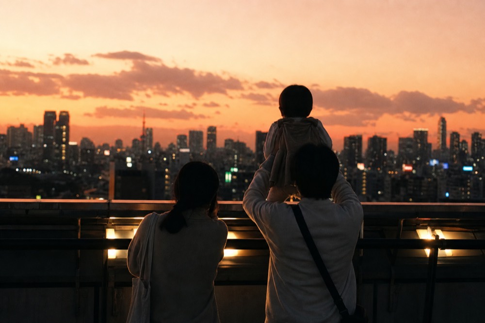 Family of three at a rooftop railing in warm evening light, a young child lifted up to see the city spread out below