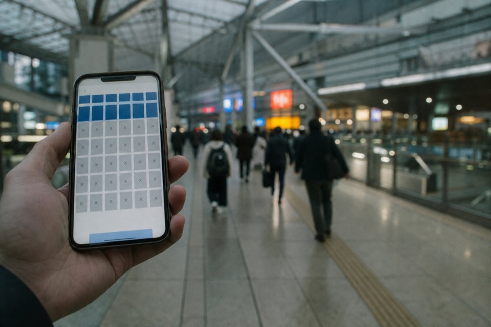 Phone screen showing a sold-out time-slot grid held up against a blurred Tokyo station concourse background