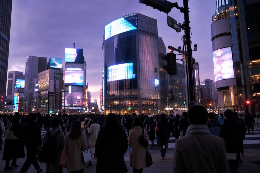 Wide view of a five-way pedestrian scramble intersection packed with people crossing beneath tall video screens