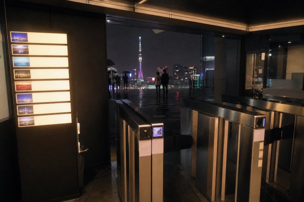 Close view of an observation deck ticket gate with turnstiles and a lit price board showing several admission tiers