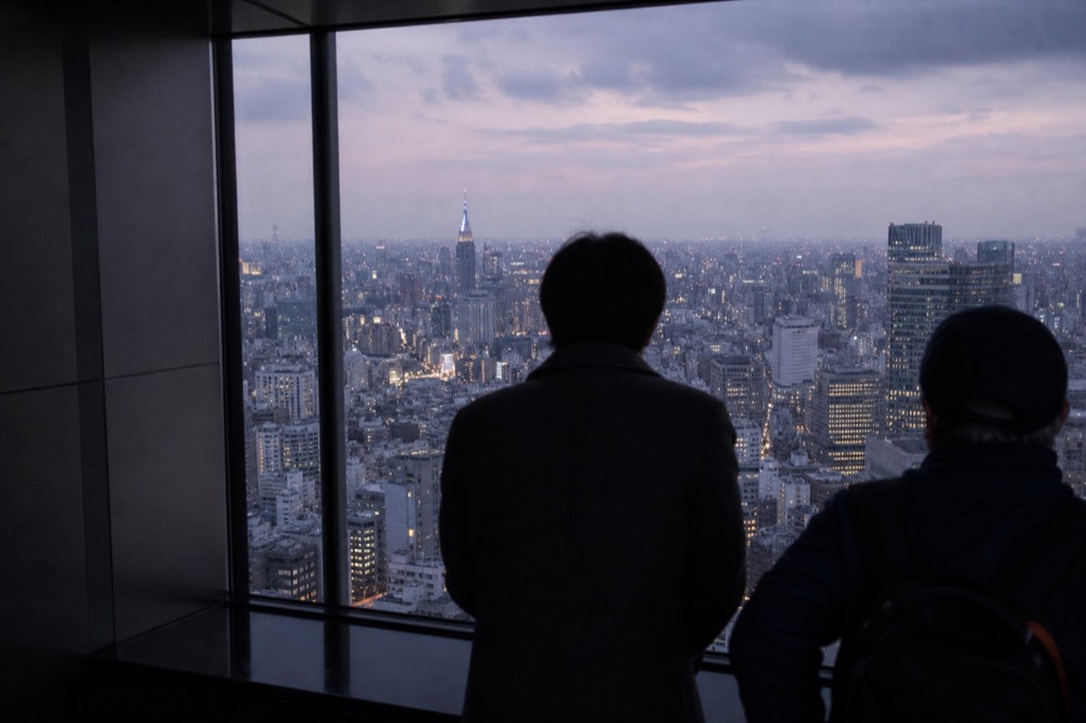 Visitors at a wide window of a free public observatory in a twin-towered government building, looking out over daytime Tokyo